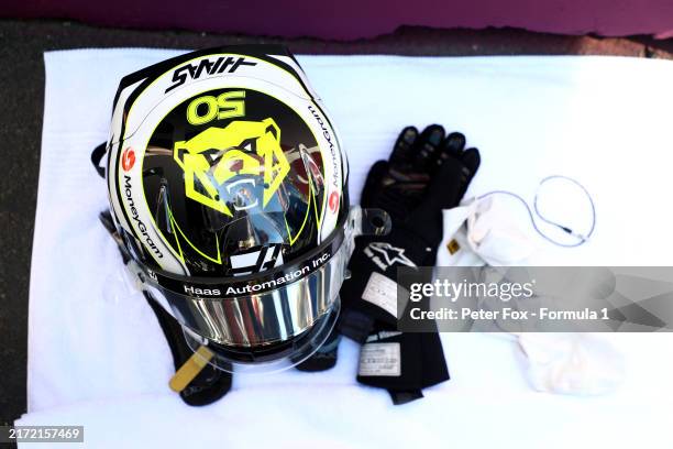 Detailed view of helmet of Oliver Bearman of Great Britain and Haas F1 prior to the F1 Grand Prix of Azerbaijan at Baku City Circuit on September 15,...