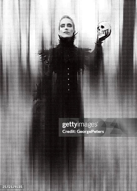 spooky female ghost holding skull with half tone dot - white crow stock illustrations