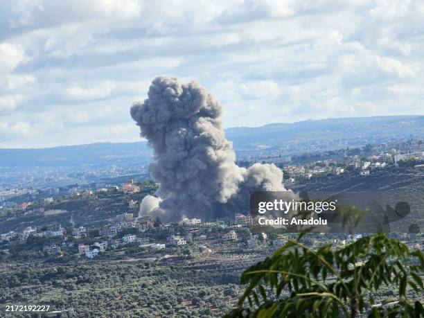 Smoke rises after an Israeli airstrike hit the Tyre, in southern Lebanon on September 19, 2024.