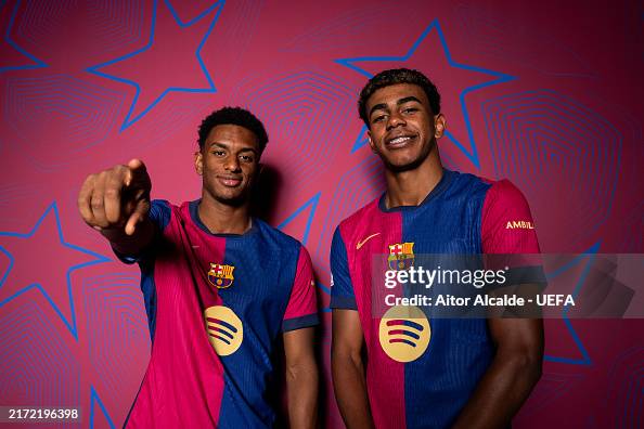 Alejandro Balde and Lamine Yamal of FC Barcelona pose for a portrait