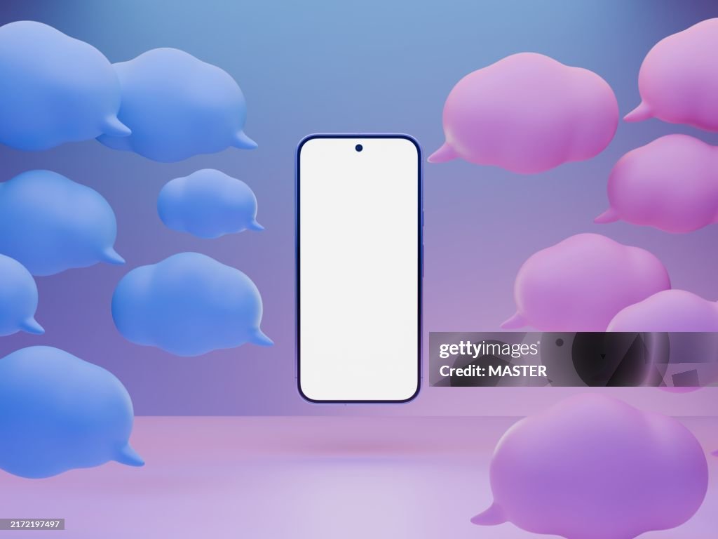 White empty screen smart phone with speech bubble messages. AI chatbot. Phone Mock up. Online dating. Customer support