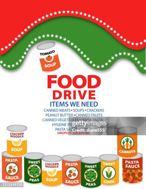 ilustrações de stock, clip art, desenhos animados e ícones de food drive collection poster template - não perecíveis