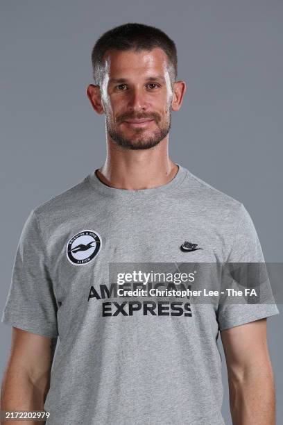 Dario Vidosic, manager of Brighton & Hove Albion poses during the Women's Super League Headshots 24/25 portrait session on August 20, 2024 in...