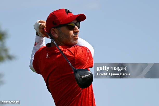 Sergio Garcia of the Fireballs GC plays his shot from the third tee during day three of LIV Golf: Chicago at Bolingbrook Golf Club on September 15,...