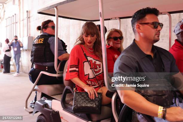 Taylor Swift arrives at GEHA Field at Arrowhead Stadium prior to a game between the Kansas City Chiefs and the Cincinnati Bengals on September 15,...