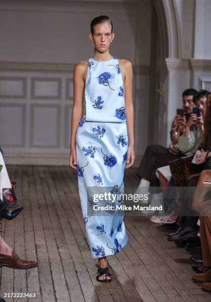 Model walks the runway at the Emilia Wickstead show during London Fashion Week September 2024 at on September 15, 2024 in London, England.