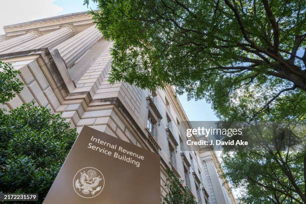 Sign marks the U.S. Internal Revenue Service headquarters building on September 15 in Washington, DC.