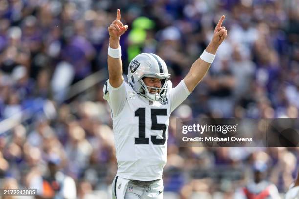 Gardner Minshew of the Las Vegas Raiders celebrates after a touchdown against the Baltimore Ravens during an NFL football game at M&T Bank Stadium on...