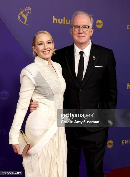 Carrie Coon and Tracy Letts attend the 76th Primetime Emmy Awards at Peacock Theater on September 15, 2024 in Los Angeles, California.