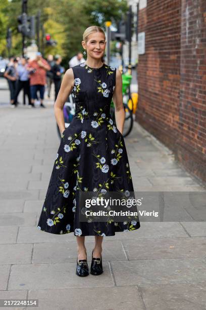 Kelly Rutherford wears dress with floral print outside Emilia Wickstead during London Fashion Week September 2024 on September 15, 2024 in London,...