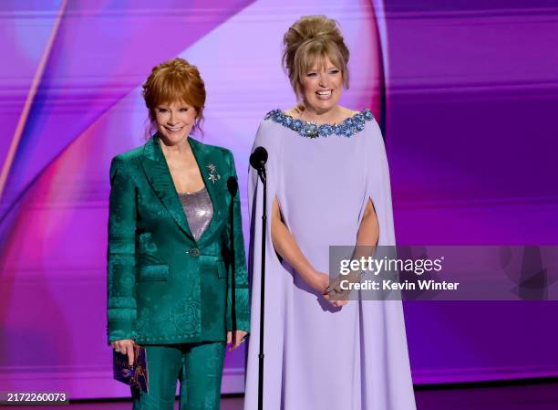 Reba McEntire and Melissa Peterman speak onstage during the 76th Primetime Emmy Awards at Peacock Theater on September 15, 2024 in Los Angeles,...