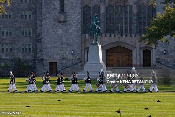 West Point cadets parade ahead of former US President Barack Obama receiving the 2024 Sylvanus Thayer Award from the US Military Academy is at West...