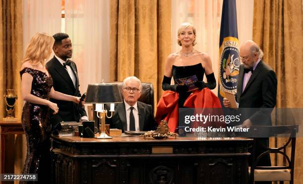 Janel Moloney, Dulé Hill, Martin Sheen, Allison Janney, and Richard Schiff speak onstage during the 76th Primetime Emmy Awards at Peacock Theater on...