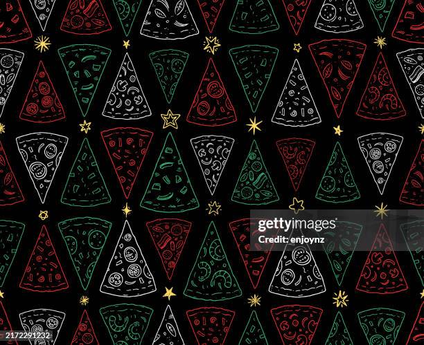 seamless pizza triangle shaped christmas trees drawings - pizza background stock illustrations