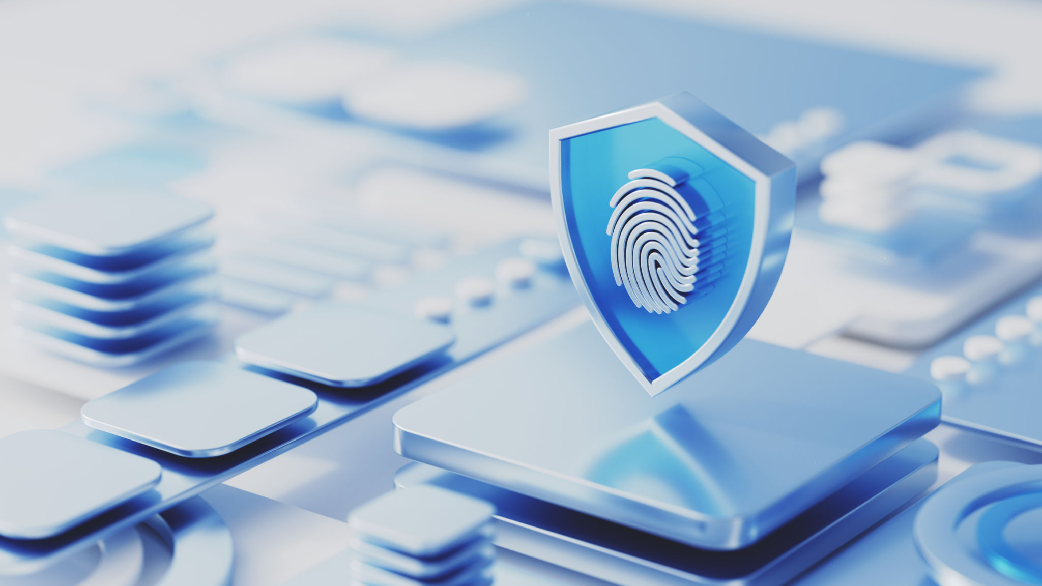 3D shield icon with a fingerprint symbol on an abstract motherboard. Personal security and data safety solution concepts 3D shield icon with a fingerprint symbol on an abstract motherboard. Personal security and data safety solution concepts