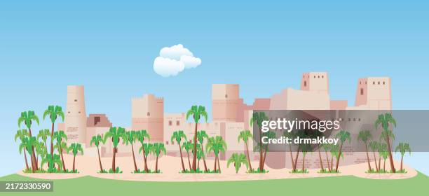 bahla fort in oman - bahla fort stock illustrations