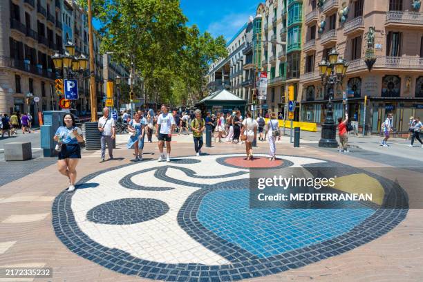 pavimento miro mosaic pavement in barcelona at las ramblas floor in catalonia of spain - mosaic stock pictures, royalty-free photos & images