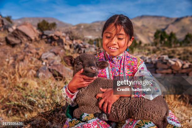 joven peruana con ropa nacional cerca del cañón de colca, perú - los andes fotografías e imágenes de stock