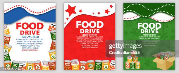 ilustrações de stock, clip art, desenhos animados e ícones de set of three food drive collection poster templates - não perecíveis