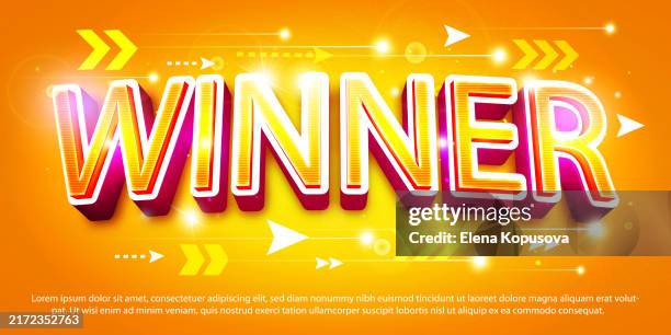 victory concept in modern style. shining 3d winner text with arrows on abstract futuristic bright background. creative stylish vector template with place for text. - jackpot stock illustrations