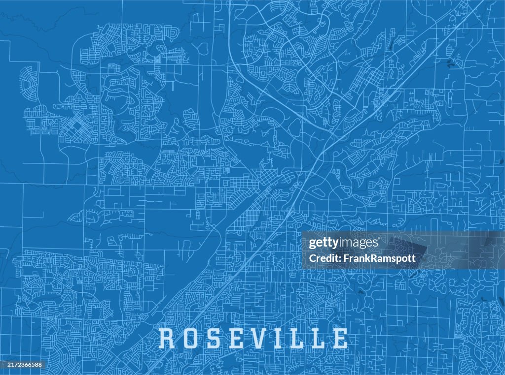 Roseville CA City Vector Road Map Blue Horizontal