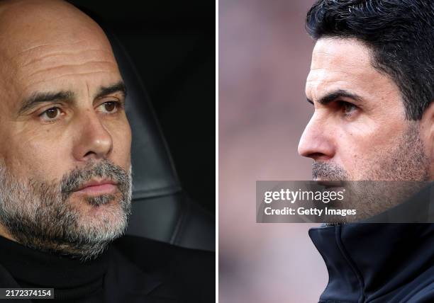 In this composite image a comparison has been made between Pep Guardiola, Manager of Manchester City and Mikel Arteta, Manager of Arsenal. Manchester...