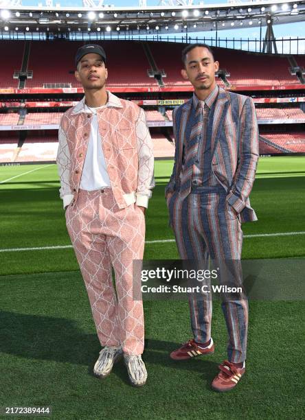 Harley Sylvester and Jordan Stephens of Rizzle Kicks attend the Labrum London show during London Fashion Week September 2024 at The Emirates Stadium...