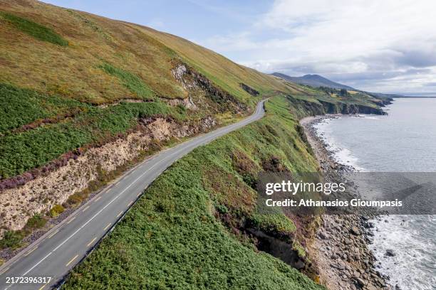 Aerial view of the Wild Atlantic Way on August 13, 2024 in Ireland. The Wild Atlantic Way is a driving route on the west coast, and on parts of the...