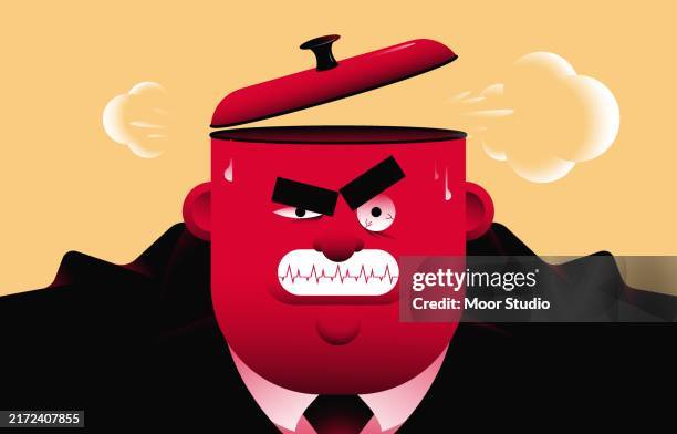 ilustraciones, imágenes clip art, dibujos animados e iconos de stock de hombre enojado con una olla hirviendo en lugar de la ilustración de la cabeza - furioso emoción negativa