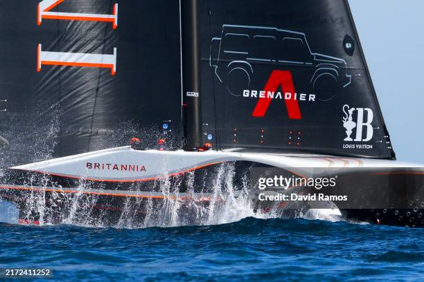 The AC75 Ineos Britannia competes during the Louis Vuitton 37th America's Cup Semi Final Race 5 against AC75 Alinghi Red Bull Racing Team on...