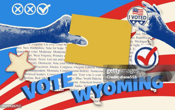 ilustraciones, imágenes clip art, dibujos animados e iconos de stock de collage de elecciones de ee. uu. con el mapa estatal de wyoming - wyoming