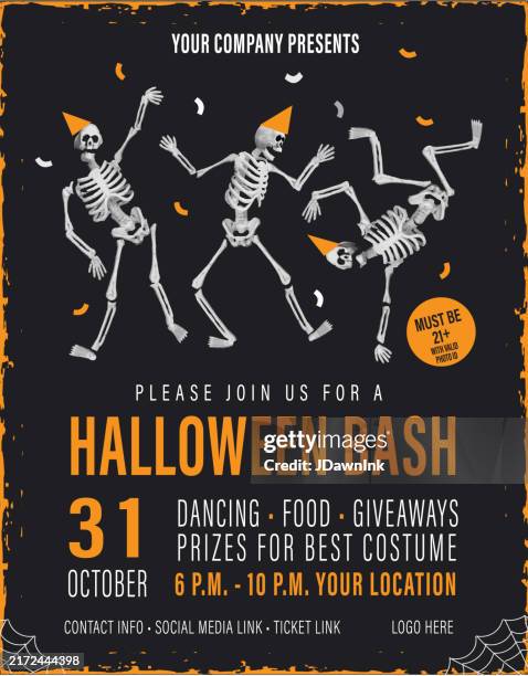 stockillustraties, clipart, cartoons en iconen met halloween party bash poster template with dancing skeletons and spooky elements - halloween
