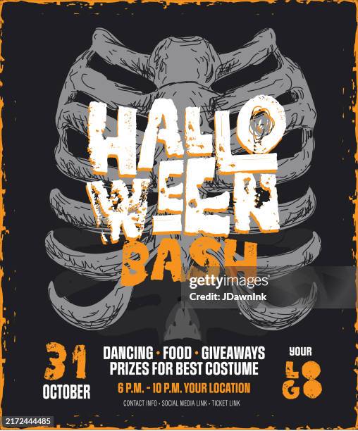 halloween party bash poster template with skeleton rib cage and spooky elements - vintage cocktail party stock illustrations