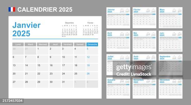 french calendar for 2025. week starts on monday. simple vector template. business design planner. - french language stock illustrations