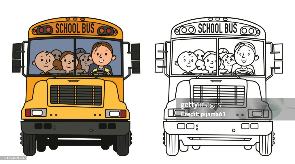 Happy cute kids ride school bus together
