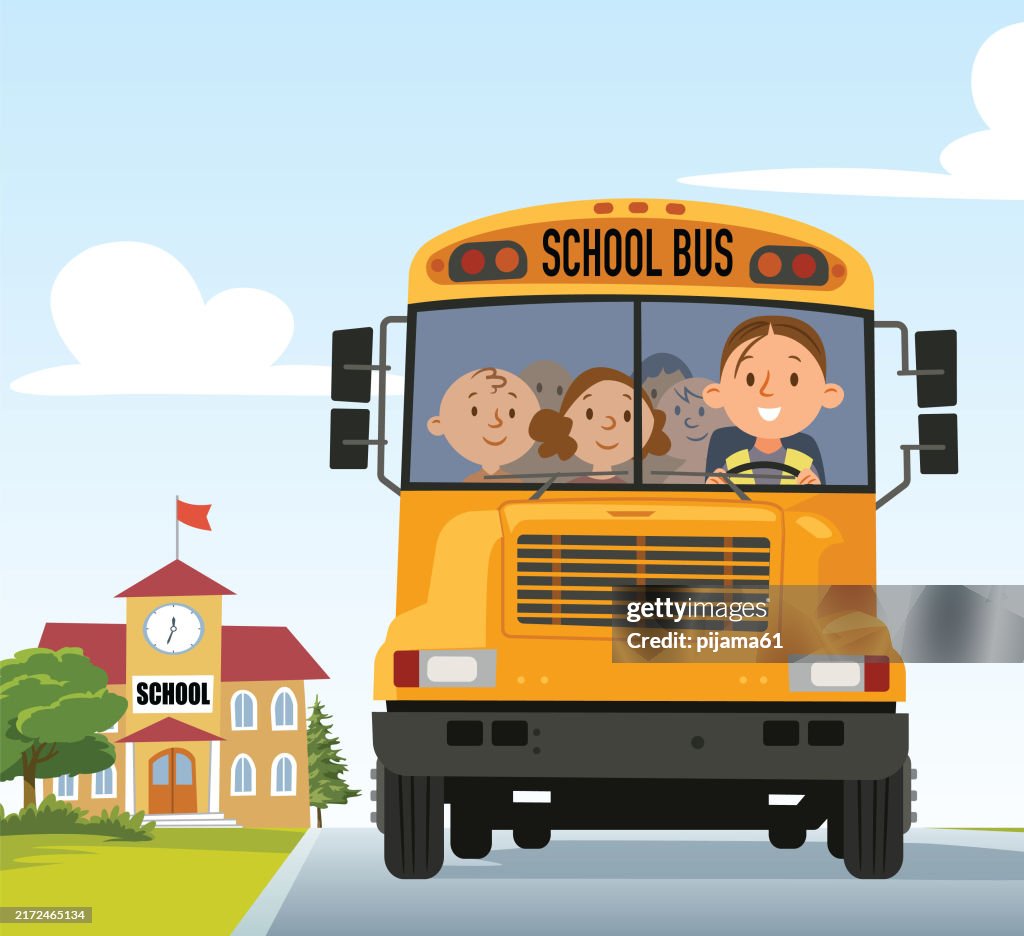 Kids Riders Bus Happy Cute Kids Ride School Bus Together High-Res Vector Graphic ...