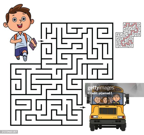 maze vector drawing for kids. boy who is late for school bus with backpack on back runs - kid toy vector stock illustrations