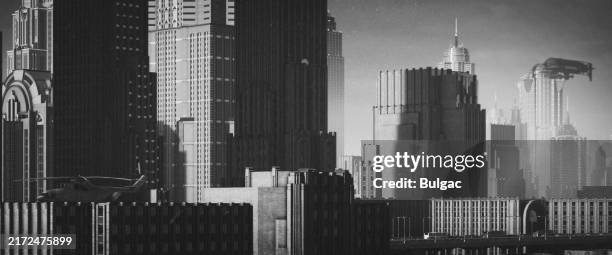 retro-futuristic cityscape with art deco architecture - retrofuturism stock pictures, royalty-free photos & images