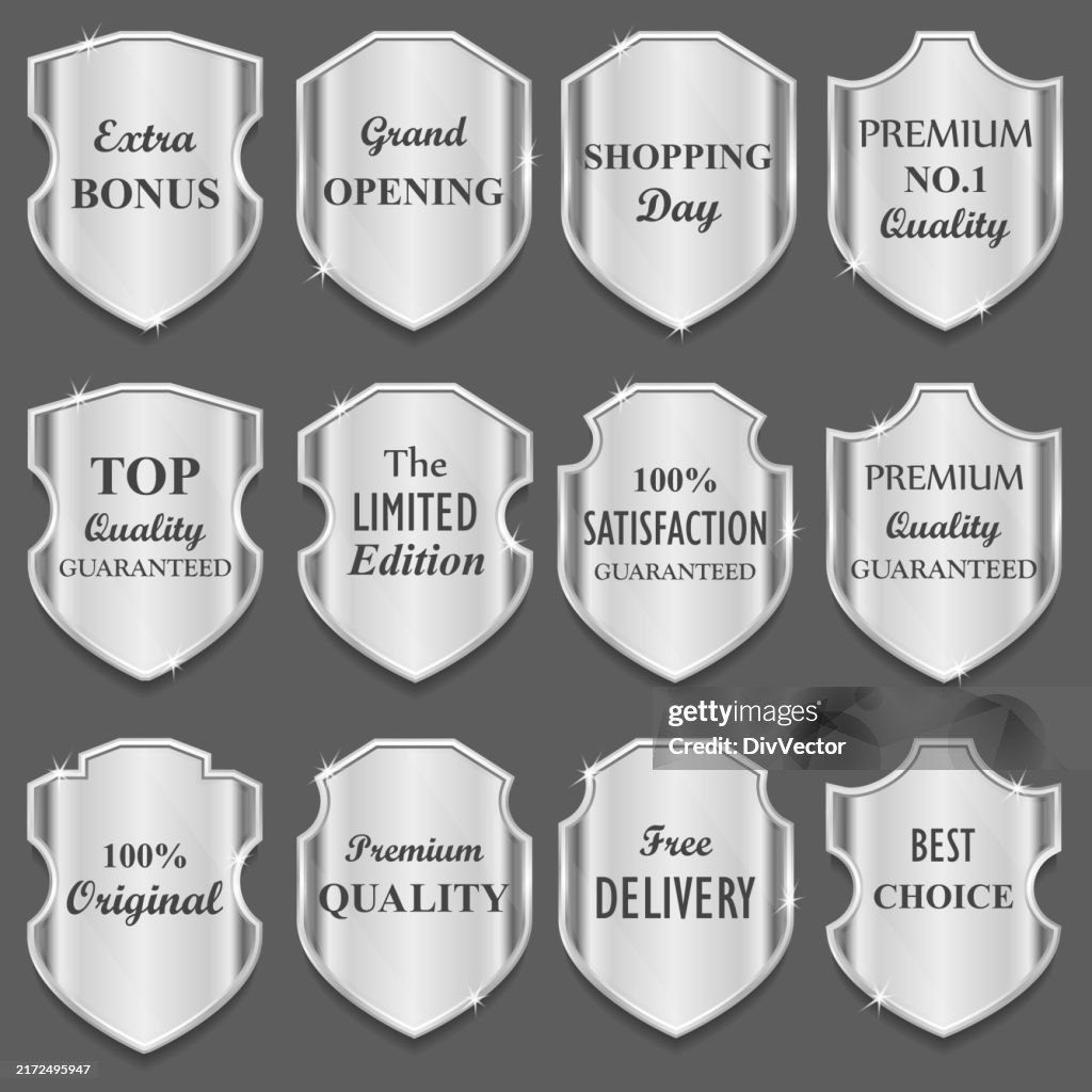 Shield Labels Silver Shield Label Set High-Res Vector Graphic - Getty Images