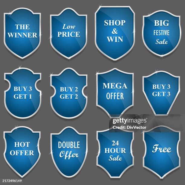 blue shield with silver frame vector set - award plaque stock illustrations