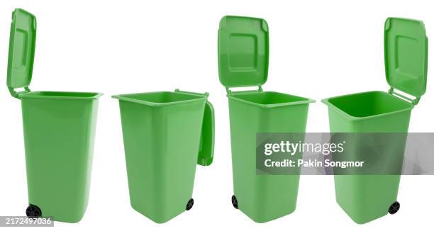 collection of green rubbish bin with wheels isolated on white background, save clipping path. - skip bin stock pictures, royalty-free photos & images