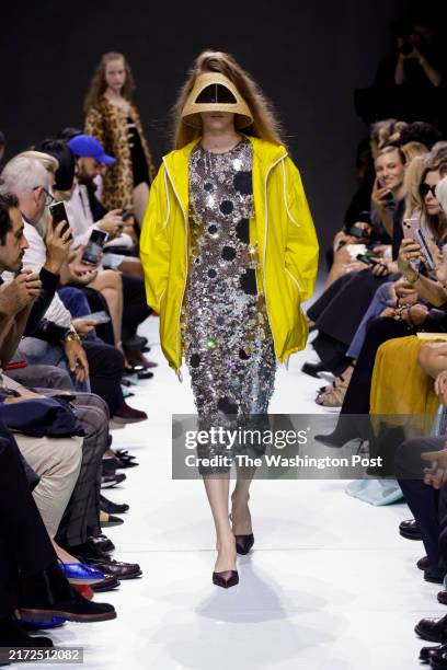Model is seen on the catwalk at the Prada fashion show during Milan Fashion Week, September 19 2023.