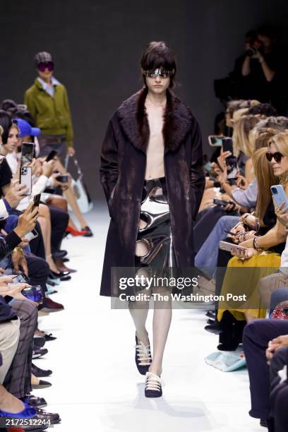 Model is seen on the catwalk at the Prada fashion show during Milan Fashion Week, September 19 2023.