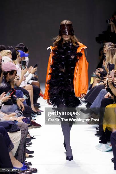 Model is seen on the catwalk at the Prada fashion show during Milan Fashion Week, September 19 2023.
