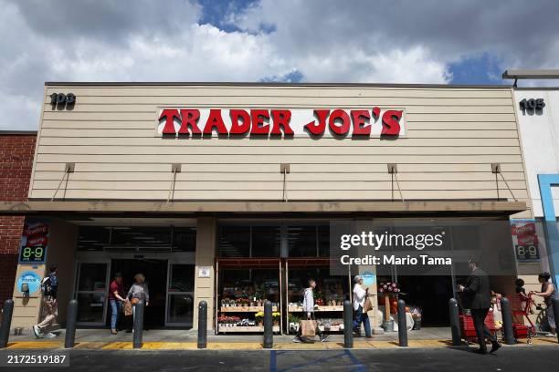 The Trader Joe's logo is displayed at a Trader Joe's store on September 16, 2024 in Glendale, California.