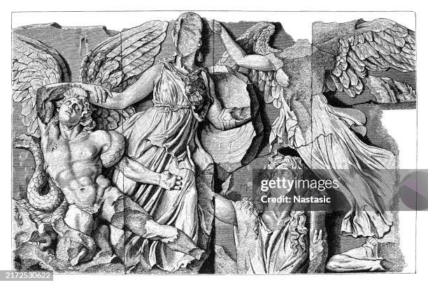 alkyoneus the giant killed by athena - berlin museum island stock illustrations