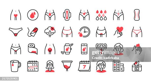 symbolsatz für die menstruationslinie. gruppe von objekten, blut, hormon, menstruation, binde, eisprung. - zyklus stock-grafiken, -clipart, -cartoons und -symbole