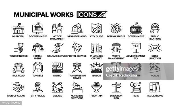 stockillustraties, clipart, cartoons en iconen met municipal works line icon set. group of object. - vuilnisman