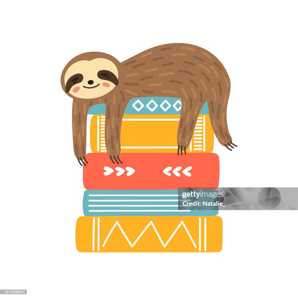 Cute Sloth Sleeping On Stack Of Books High-Res Vector Graphic - Getty ...
