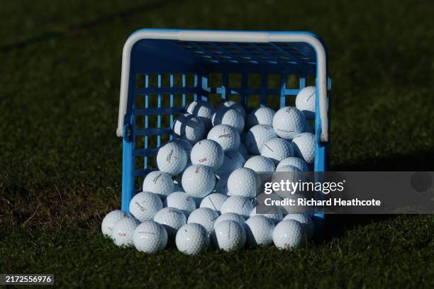 Detailed view of Titleist golf balls on the range prior to the BMW PGA Championship 2024 at Wentworth Club on September 17, 2024 in Virginia Water,...